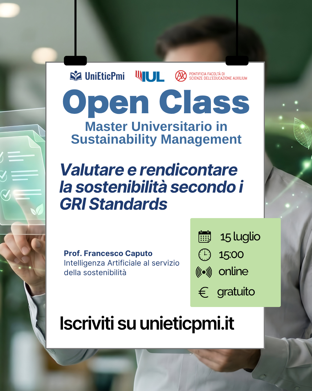 Locandina webinar Valutare e rendicontare la sostenibilità secondo i GRI Standards
