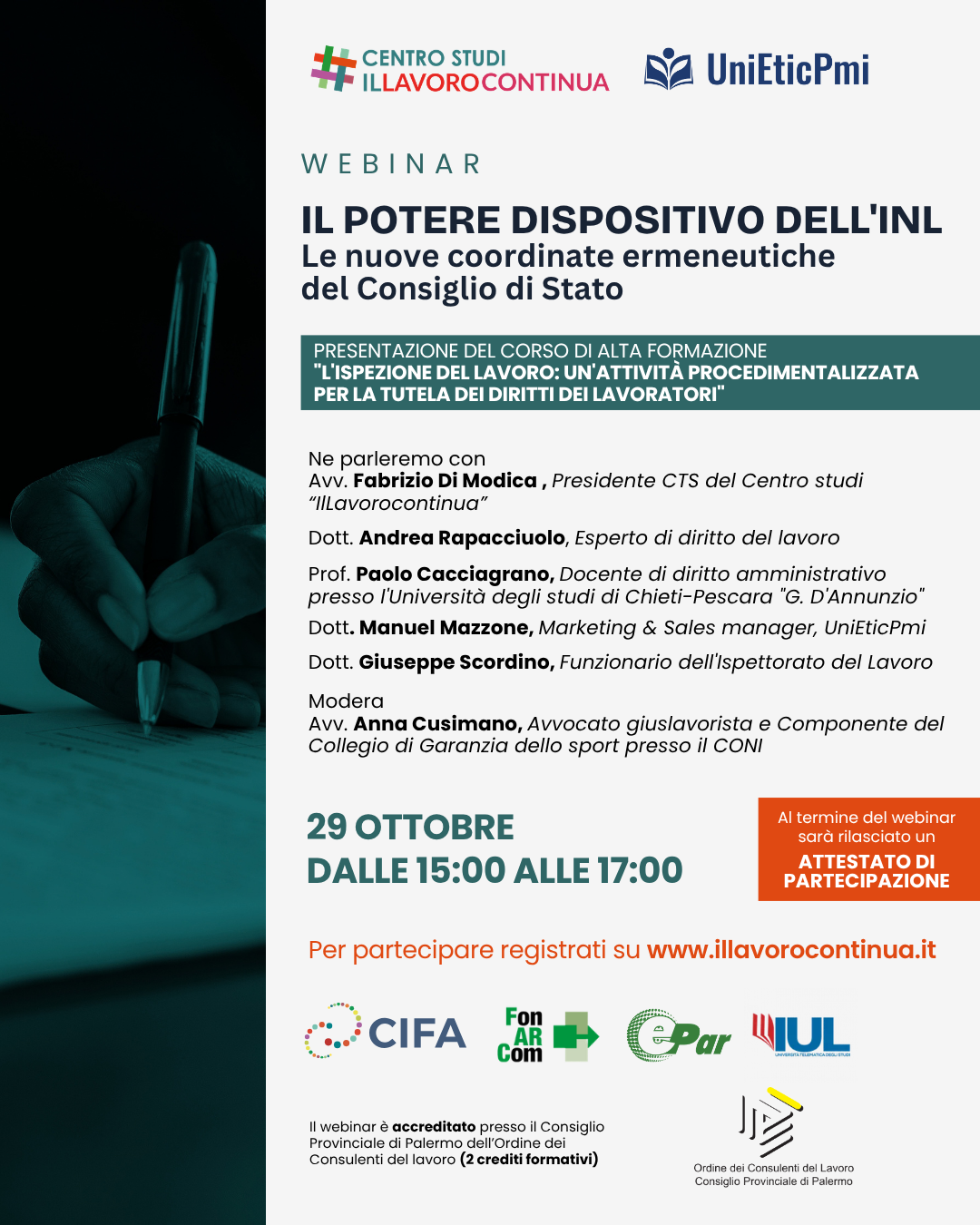 Locandina webinar Il potere dispositivo dell'INL – Le nuove coordinate ermeneutiche del Consiglio di Stato