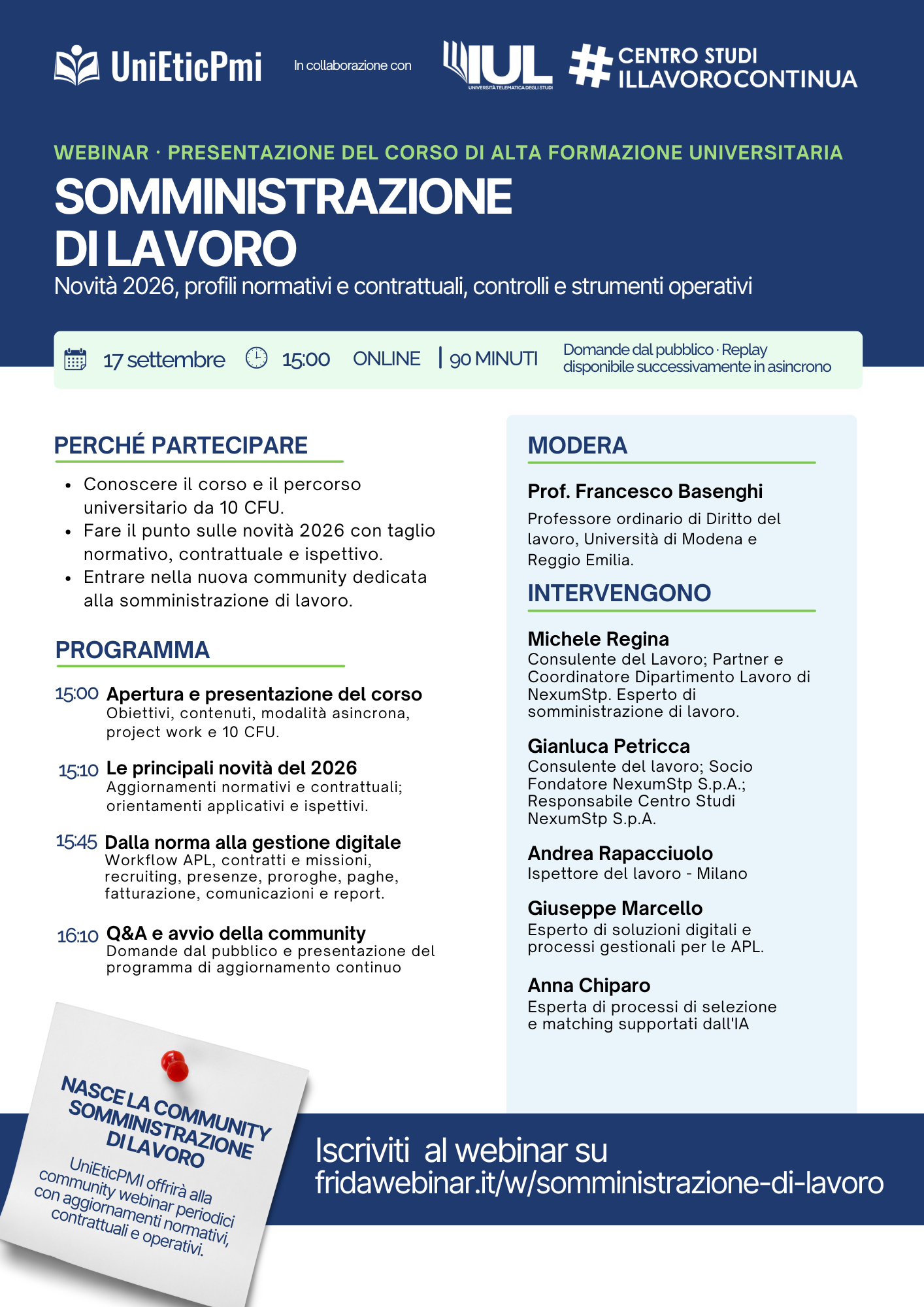 Locandina webinar Somministrazione di Lavoro. Novità 2026, profili normativi e contrattuali, controlli e strumenti operativi