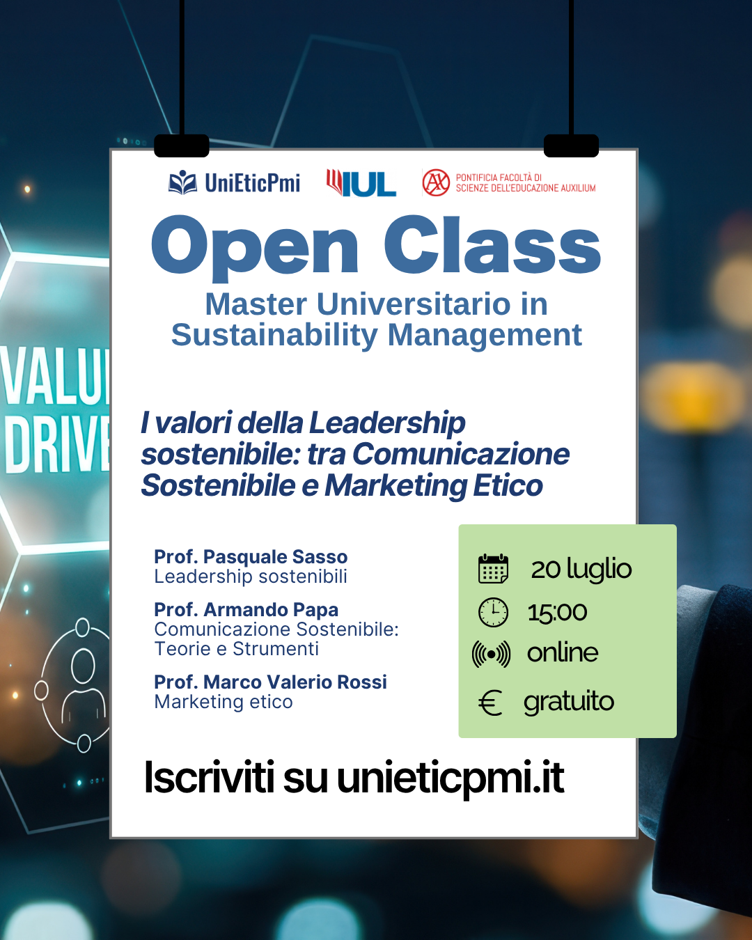 Locandina webinar I valori della Leadership sostenibile: tra Comunicazione Sostenibile e Marketing Etico